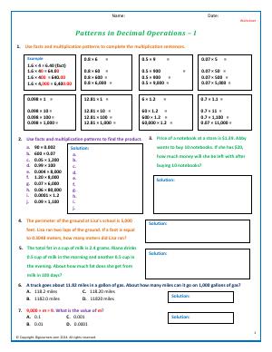 patterns in decimal operations fifth grade math worksheets biglearners