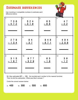 Preview image for worksheet with title Estimate Differences