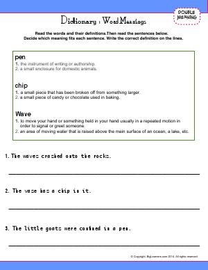 Preview image for worksheet with title Dictionary : Word Meanings