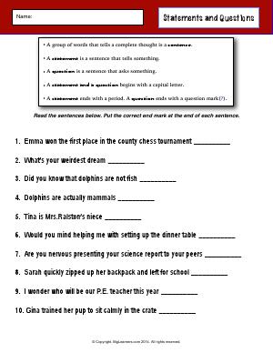 Preview image for worksheet with title Statements and Questions