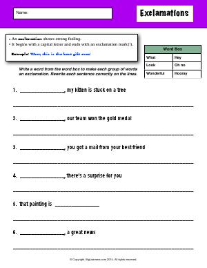 Preview image for worksheet with title Exclamations