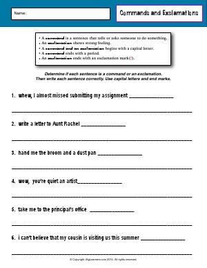 Preview image for worksheet with title Commands and Exclamations