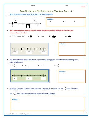 Preview image for worksheet with title Fractions and Decimals on a Number Line - I