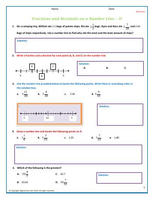Preview image for worksheet with title Fractions and Decimals on a Number Line - II