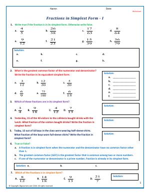Preview image for worksheet with title Fractions in Simplest Form - I