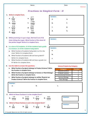 Preview image for worksheet with title Fractions in Simplest Form - II