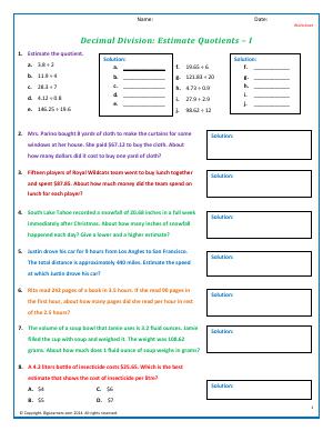Preview image for worksheet with title Decimal Division: Estimate Quotients - I