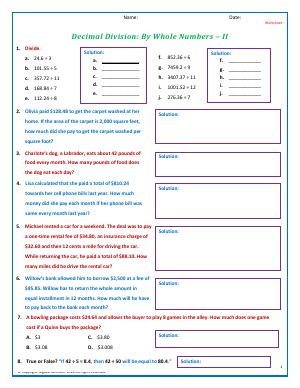 Preview image for worksheet with title Decimal Division: By Whole Numbers - II