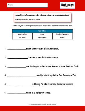 Preview image for worksheet with title Subjects