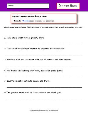 Preview image for worksheet with title Common Nouns