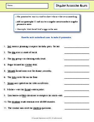 Preview image for worksheet with title Singular Possessive Nouns