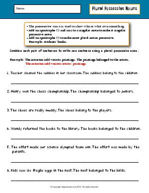 Preview image for worksheet with title Plural Possessive Nouns
