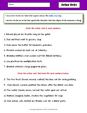 Preview image for worksheet with title Action Verbs