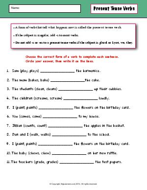 Preview image for worksheet with title Present Tense Verbs