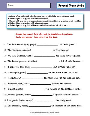 Preview image for worksheet with title Present Tense Verbs