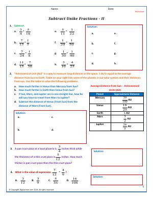 Preview image for worksheet with title Subtract Unlike Fractions - II