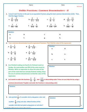 Preview image for worksheet with title Unlike Fractions: Common Denominators - II