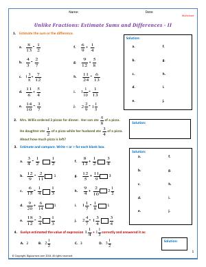 Preview image for worksheet with title Unlike Fractions: Estimate Sums and Differences - II