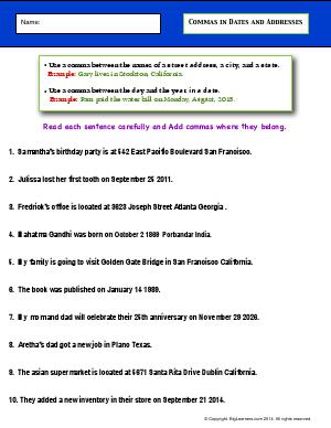 Preview image for worksheet with title Commas in Dates and Addresses