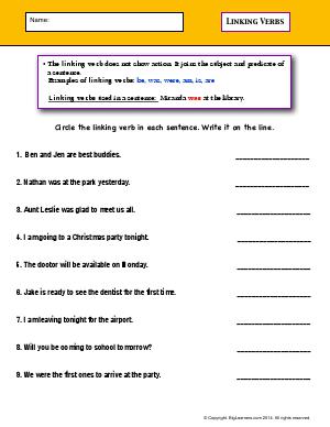 Preview image for worksheet with title Linking Verbs