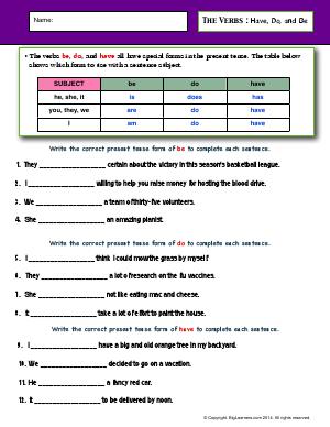 Preview image for worksheet with title The Verbs : Have, Do, and Be