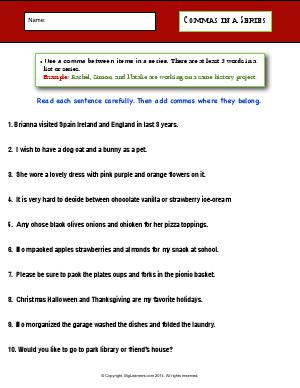 Preview image for worksheet with title Commas in a Series