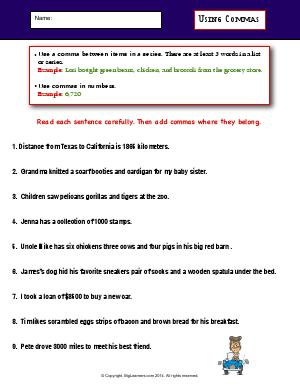 Preview image for worksheet with title Using Commas