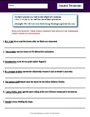 Preview image for worksheet with title Subject Pronouns