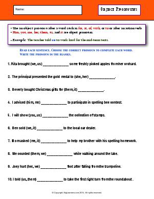 Preview image for worksheet with title Object Pronouns