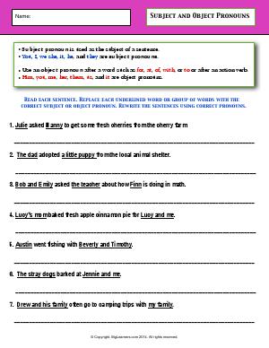 Preview image for worksheet with title Subject and Object Pronouns