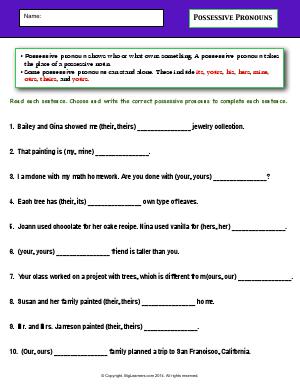 Preview image for worksheet with title Possessive Pronouns