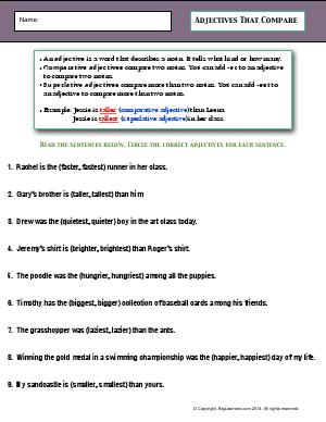 Preview image for worksheet with title Adjectives That Compare