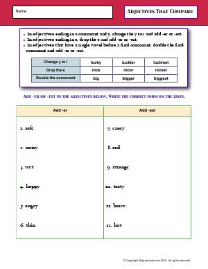 Preview image for worksheet with title Adjectives That Compare