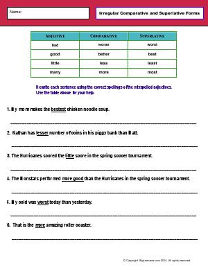 Preview image for worksheet with title Irregular Comparative and Superlative Forms