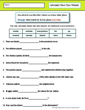 Preview image for worksheet with title Adverbs That Tell Where