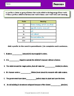 Preview image for worksheet with title Prefixes