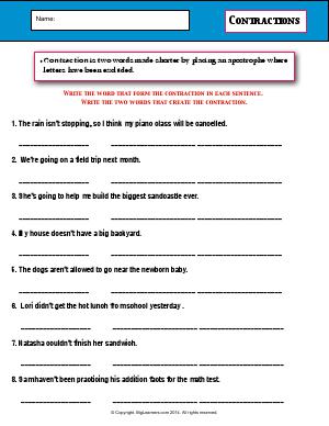 Preview image for worksheet with title Contractions