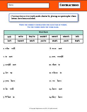 Preview image for worksheet with title Contractions