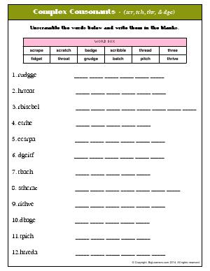 Preview image for worksheet with title Complex Consonants - (scr, tch, thr, & dge)