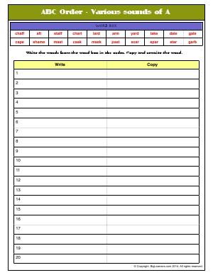 Preview image for worksheet with title ABC Order - Various sounds of A