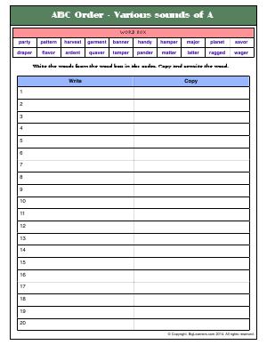 Preview image for worksheet with title ABC Order - Various sounds of A