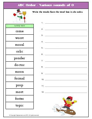 Preview image for worksheet with title ABC Order - Various sounds of O