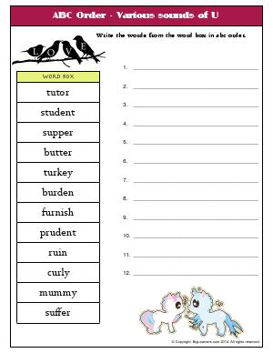 Preview image for worksheet with title ABC Order - Various sounds of U