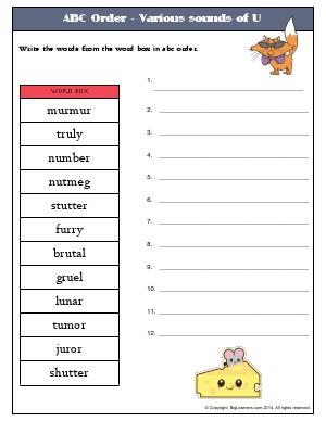 Preview image for worksheet with title ABC Order - Various sounds of U