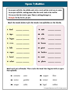 Preview image for worksheet with title Open Syllables