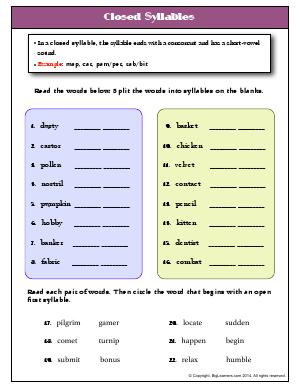 Preview image for worksheet with title Closed Syllables