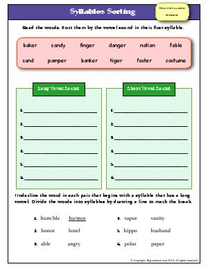 Preview image for worksheet with title Syllables Sorting