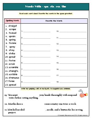 Preview image for worksheet with title Words With - spr, str, scr, thr