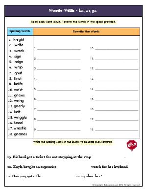 Preview image for worksheet with title Words With - kn, wr, gn