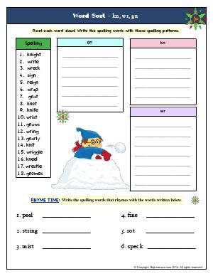 Preview image for worksheet with title Word Sort - kn, wr, gn